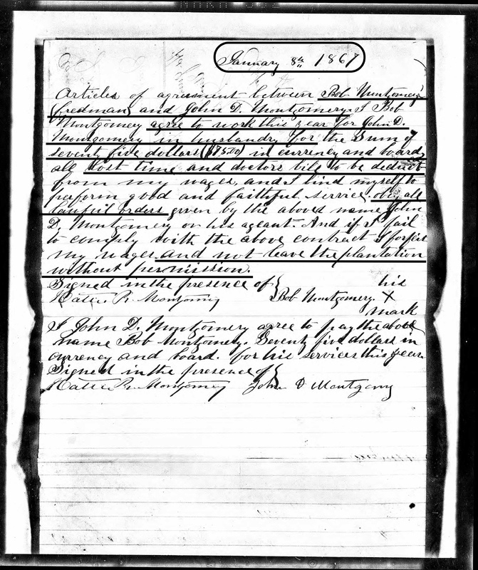 Freedman's Bureau work contract between Robert (Bob) Montgomery and John D. Montgomery