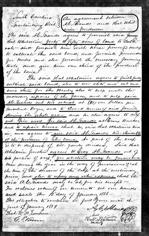 Freedman's Bureau work contract between Hal Whitmire and A.C. Shands