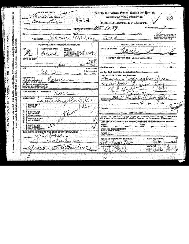 Death Certificate of Jerry Casey