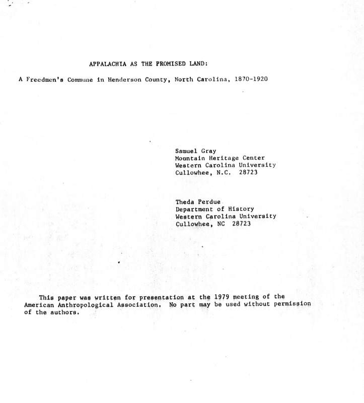 Appalachia as the Promised Land: A Freedmen’s Commune in Henderson County, North Carolina, 1870–1920.