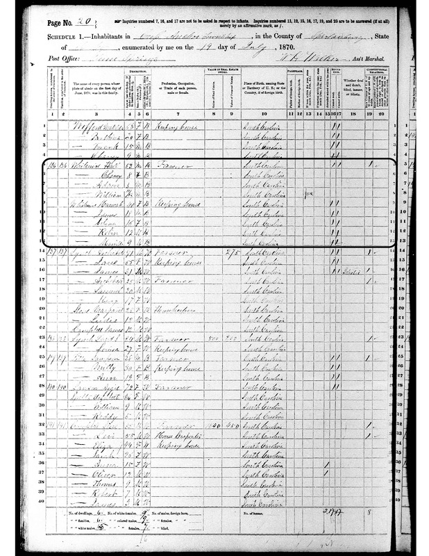 Hal and Hannah Whitmire household, 1870