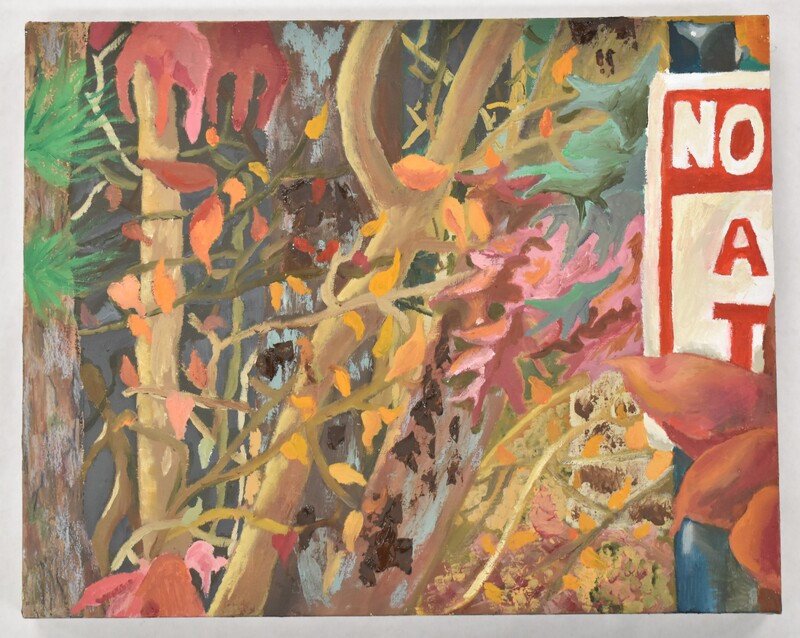 Painting featuring a nature setting with a partially visible "No Parking" sign on the right side.