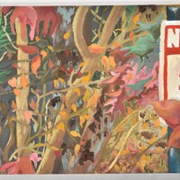 Painting featuring a nature setting with a partially visible "No Parking" sign on the right side.